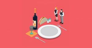 Ilustración de un servicio de restaurante, con plato, cubiertos, vino y camareros.