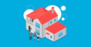 Ilustración de una casa con tres personas en la puerta
