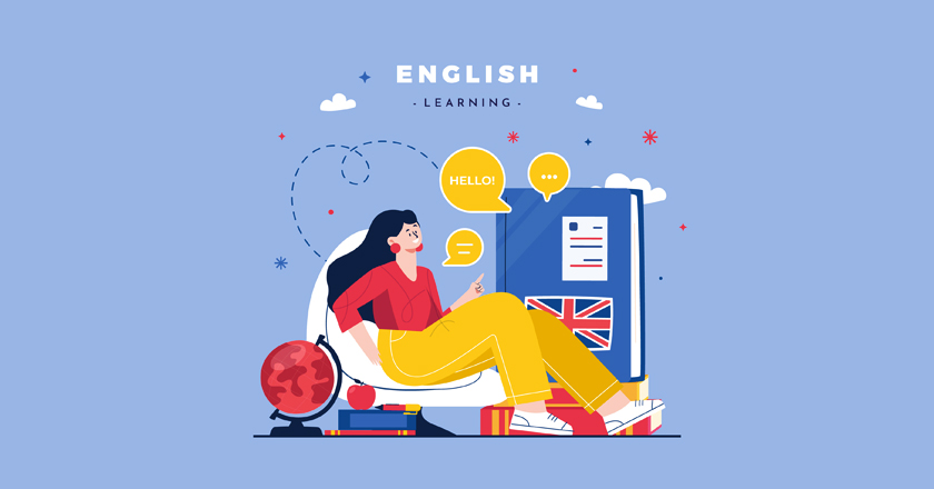Ilustración de mujer sentada en un sofá estudiando el idioma inglés