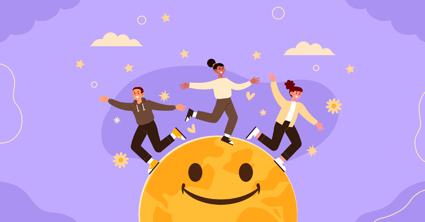 Ilustración de tres personas bailando sobre el globo terráqueo